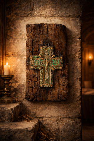 Icoane și Decor Rustic – Unicate din Lemn și Piatră - Crucifix în relief pe lemn vechi rustic