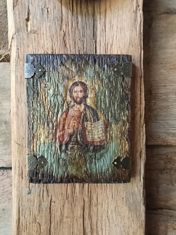 Icoană unicat pe lemn – Iisus Hristos, pânză veche antichizată [2]