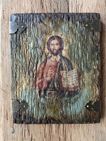 Icoană unicat pe lemn – Iisus Hristos, pânză veche antichizată [3]