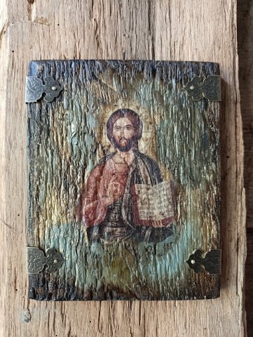 Icoană unicat pe lemn – Iisus Hristos, pânză veche antichizată [1]