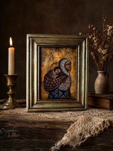 Icoană unicat Maica Domnului – aur antic, decor de perete și masă [0]