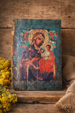 Icoană pe lemn pictată manual – Maica Domnului cu Pruncul [0]