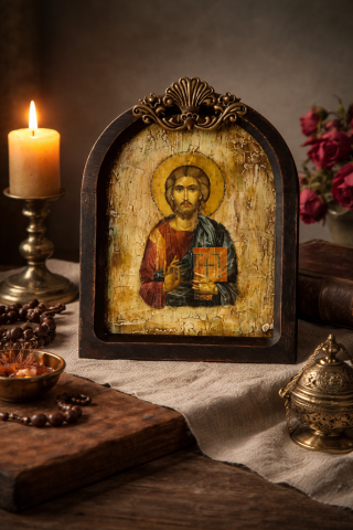 Icoane și Decor Rustic – Unicate din Lemn și Piatră - Icoană în ramă de lemn cu Iisus – imagine religioasă pentru decor interior