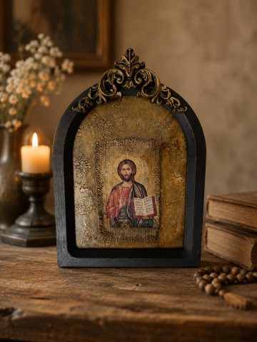 Icoane și Decor Rustic – Unicate din Lemn și Piatră - Icoană în ramă de lemn cu Iisus – imagine religioasă pentru decor interior