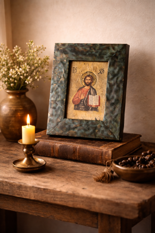 Icoane și Decor Rustic – Unicate din Lemn și Piatră - Icoană de perete unicat cu ramă metalică și decorații din lemn