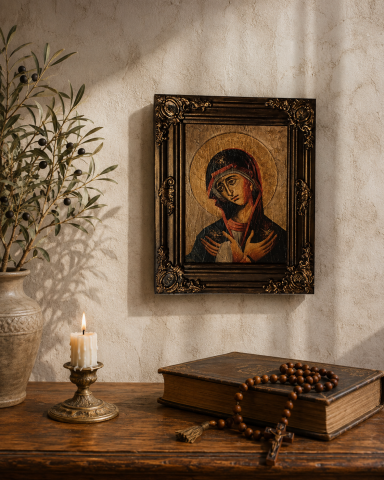 Icoane și Decor Rustic – Unicate din Lemn și Piatră - Icoană handmade antichizată – Maica Domnului, lemn sculptat, suport masă & perete