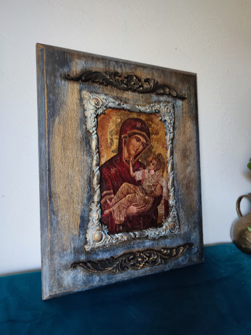 Icoană handmade Fecioara Maria cu Pruncul – decupaj pe lemn cu ramă vintage [2]