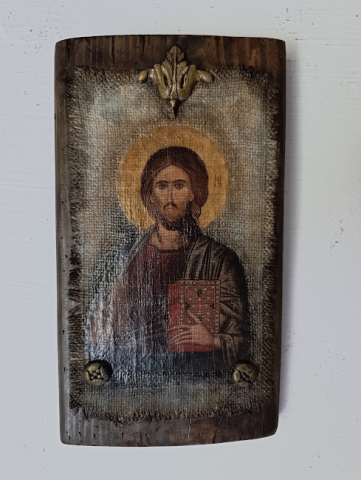 Hristos Pantocrator – Icoană pe lemn cu aspect vechi, pe pânză de iută [2]