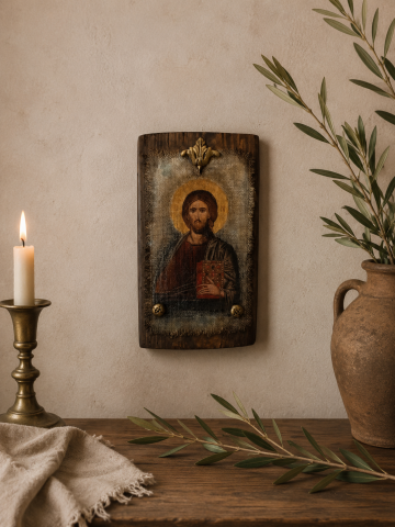 Icoane și Decor Rustic – Unicate din Lemn și Piatră - Hristos Pantocrator – Icoană pe lemn cu aspect vechi, pe pânză de iută