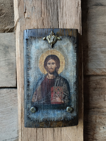 Hristos Pantocrator – Icoană pe lemn cu aspect vechi, pe pânză de iută [3]