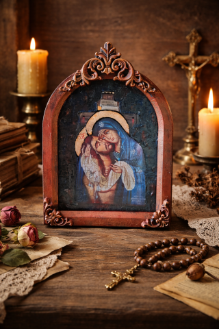 Icoane și Decor Rustic – Unicate din Lemn și Piatră - Icoană de masă Pietà – icoană religioasă unicat, finisaje premium