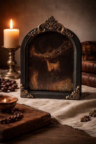 Icoane și Decor Rustic – Unicate din Lemn și Piatră - Icoană în ramă de lemn cu Iisus – imagine religioasă pentru decor interior