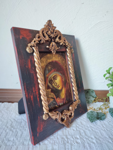 Icoană Maica Domnului cu ramă din lemn sculptat – expunere pe perete sau masă [2]