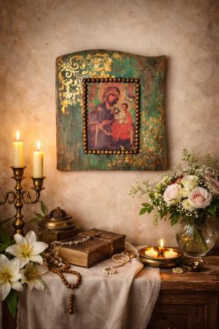 Icoane și Decor Rustic – Unicate din Lemn și Piatră - Icoană Maica Domnului pe lemn patinat – detalii aurii și mărgele