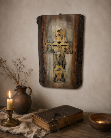 Icoane și Decor Rustic – Unicate din Lemn și Piatră - Icoană pe lemn vechi – Crucea Mântuitorului, unicat