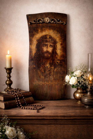 Icoane și Decor Rustic – Unicate din Lemn și Piatră - Icoană pe lemn masiv cu chipul lui Iisus