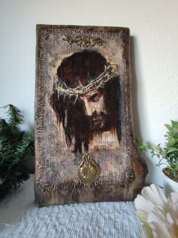 Icoane-decoratiuni cu tematica laica - Icoană pe lemn masiv cu chipul lui Iisus