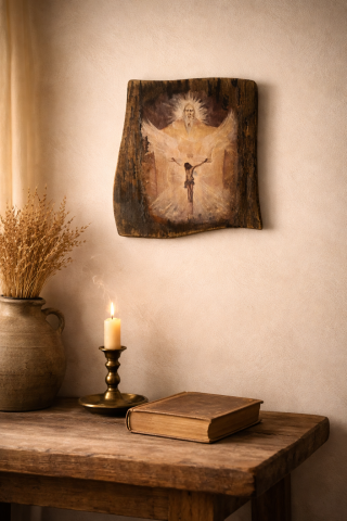 Icoane și Decor Rustic – Unicate din Lemn și Piatră - Icoană rustică pe lemn, reprezentând scena Răstignirii