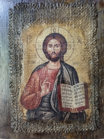Icoană unicat pe lemn – Iisus Hristos, pânză veche antichizată [4]