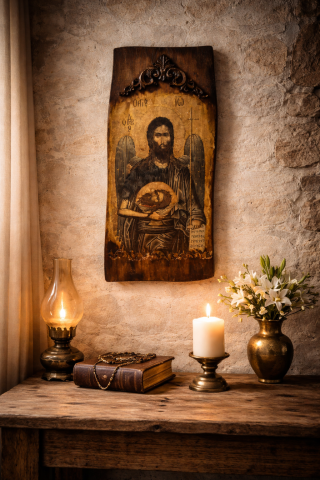 Icoane și Decor Rustic – Unicate din Lemn și Piatră - Icoană lucrată manual pe lemn de stejar – aspect vechi