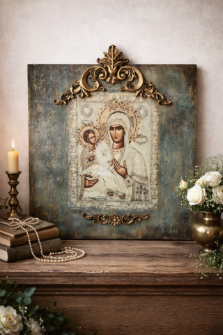 Icoane și Decor Rustic – Unicate din Lemn și Piatră - Icoană de perete handmade – model unicat cu relief și aurire