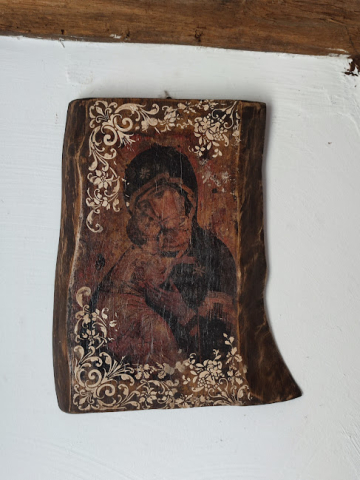 Icoană rustica pe lemn cu Maica Domnului și Pruncul [1]