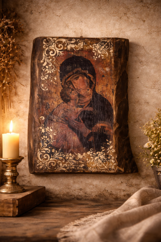 Icoane și Decor Rustic – Unicate din Lemn și Piatră - Icoană rustica pe lemn cu Maica Domnului și Pruncul
