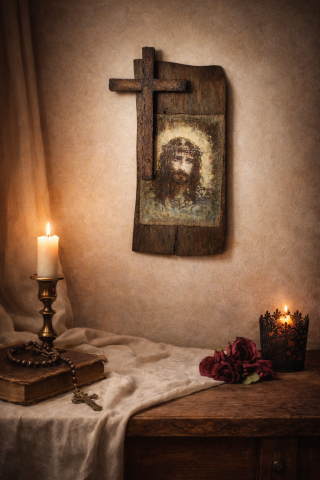 Icoane și Decor Rustic – Unicate din Lemn și Piatră - Icoană lucrată manual pe lemn de stejar – aspect vechi