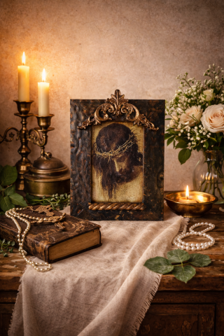 Icoane și Decor Rustic – Unicate din Lemn și Piatră - Icoană de perete unicat cu ramă metalică și decorații din lemn
