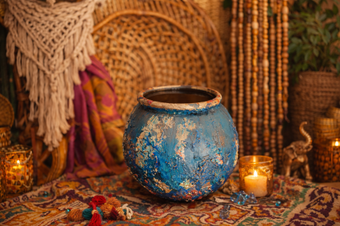 Decorațiuni Casă Unicat – Artă Handmade pentru Spații cu Personalitate - „Vază ceramică unicat în nuanțe de albastru, cupru și aur – decorată manual