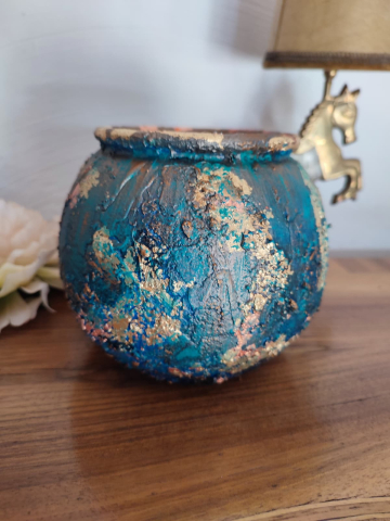 „Vază ceramică unicat în nuanțe de albastru, cupru și aur – decorată manual [3]