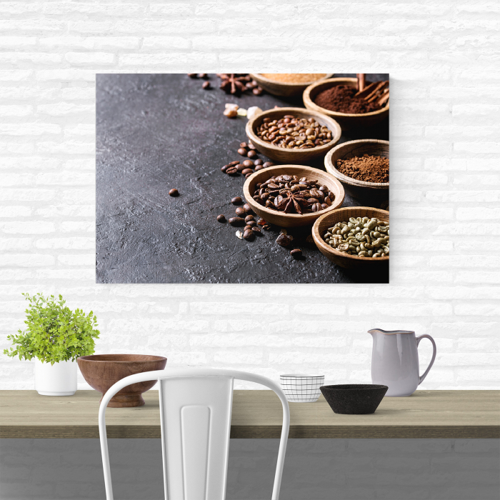 Tablou canvas bucatarie, Boluri de lemn cu boabe de cafea [4]