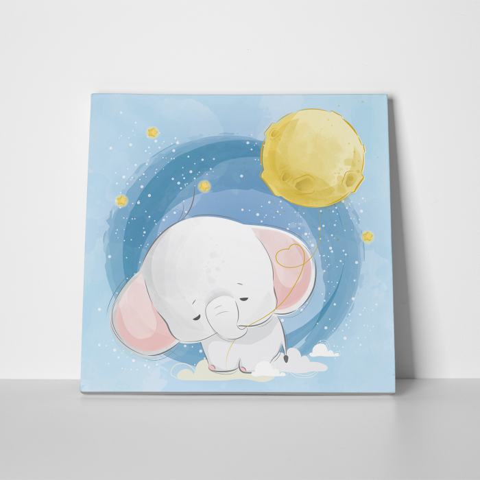 Tablou canvas cu desene pentru camera copiilor, Bebe elefant are un balon luna [2]