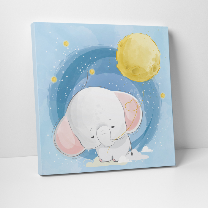 Tablou canvas cu desene pentru camera copiilor, Bebe elefant are un balon luna [3]