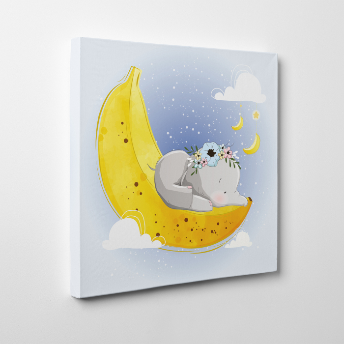 Tablou canvas cu desene pentru camera copiilor, Bebele elefant doarme pe o banana [3]