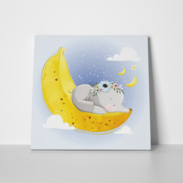 Tablou canvas cu desene pentru camera copiilor, Bebele elefant doarme pe o banana [2]