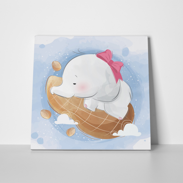 Tablou canvas cu desene pentru camera copiilor, Bebe elefant doarme pe o aluna [2]