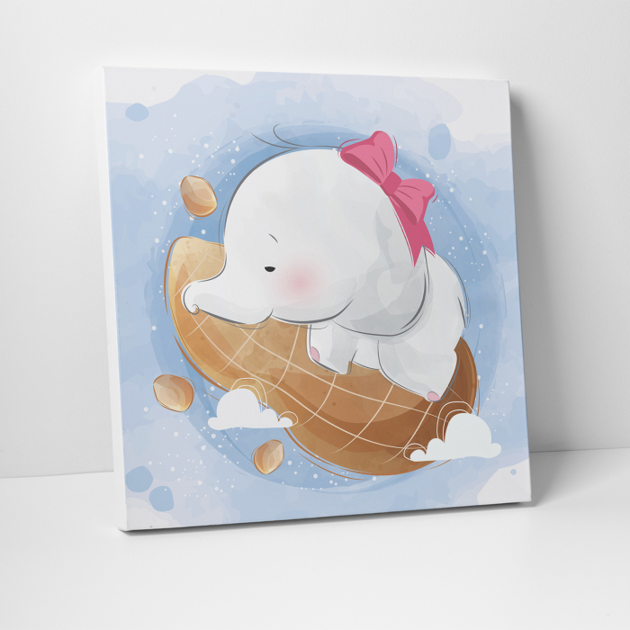 Tablou canvas cu desene pentru camera copiilor, Bebe elefant doarme pe o aluna [3]