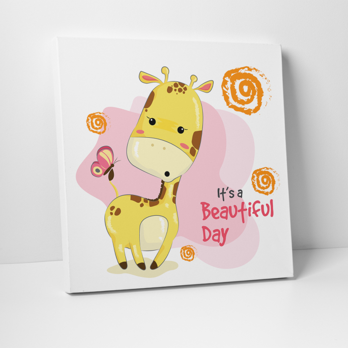 Tablou canvas cu desene pentru camera copiilor, Bebe girafa si fluturasii [3]