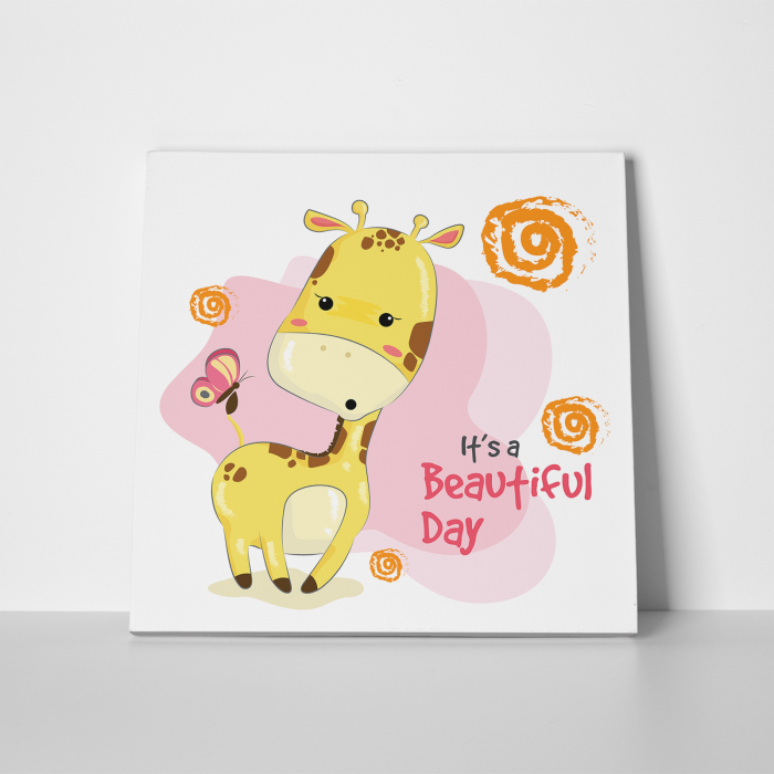 Tablou canvas cu desene pentru camera copiilor, Bebe girafa si fluturasii [2]