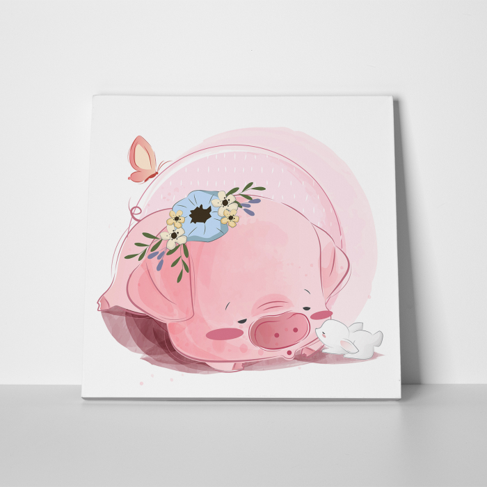 Tablou canvas cu desene pentru camera copiilor, Porcusorul doarme cu iepurasul [2]