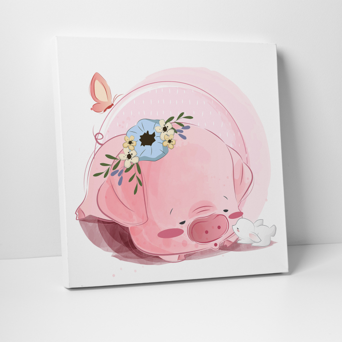 Tablou canvas cu desene pentru camera copiilor, Porcusorul doarme cu iepurasul [3]