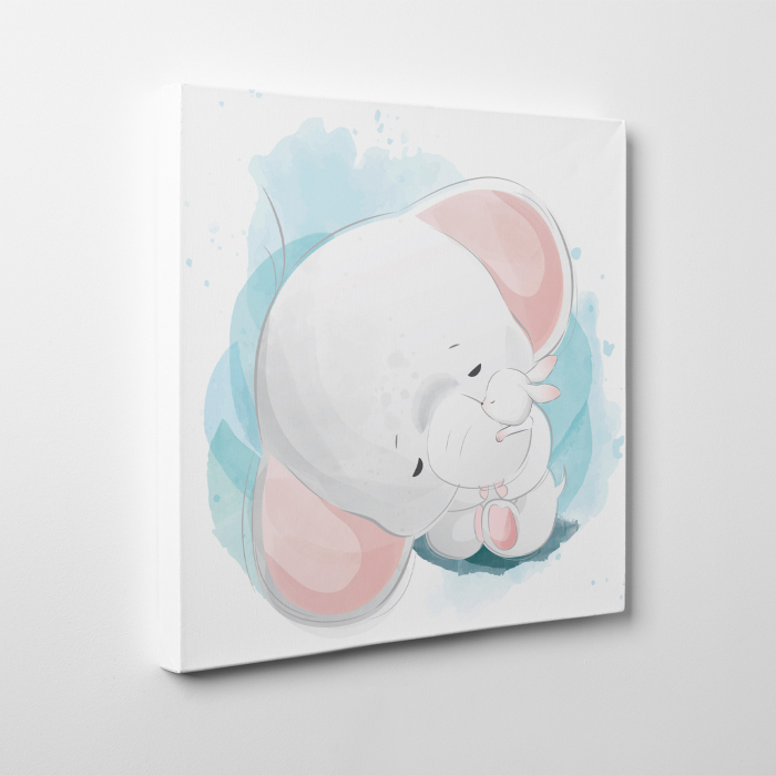 Tablou canvas cu desene pentru camera copiilor, Bebe elefant imbratiseaza iepurasul [3]