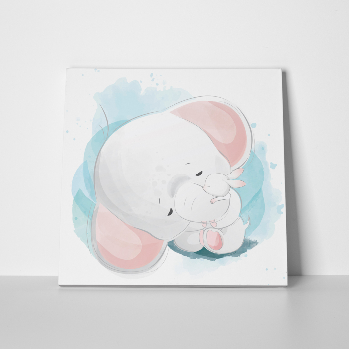 Tablou canvas cu desene pentru camera copiilor, Bebe elefant imbratiseaza iepurasul [2]