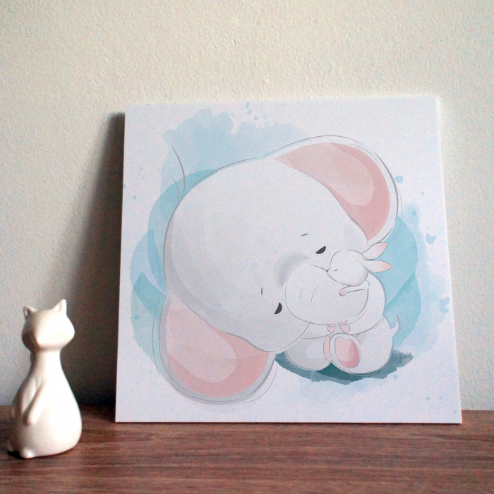 Tablou canvas cu desene pentru camera copiilor, Bebe elefant imbratiseaza iepurasul [4]