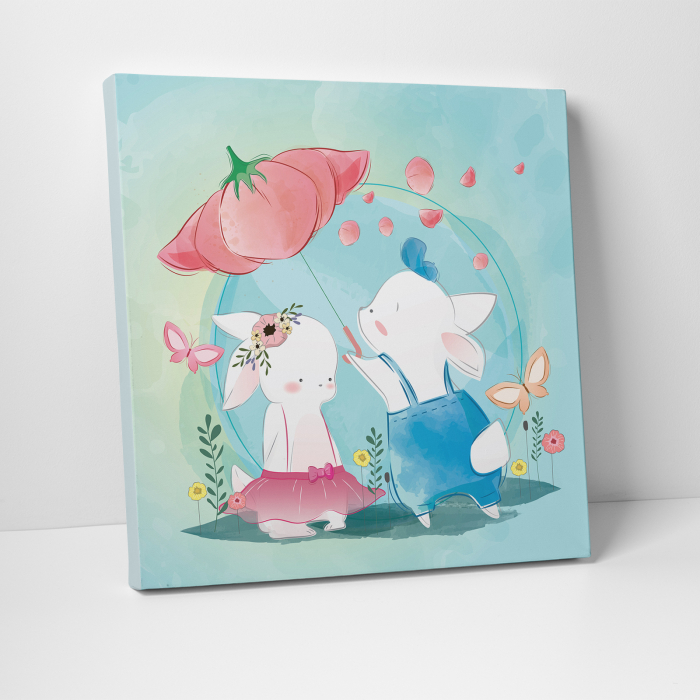 Tablou canvas cu desene pentru camera copiilor, Doi iepurasi sub o umbrela floare [3]