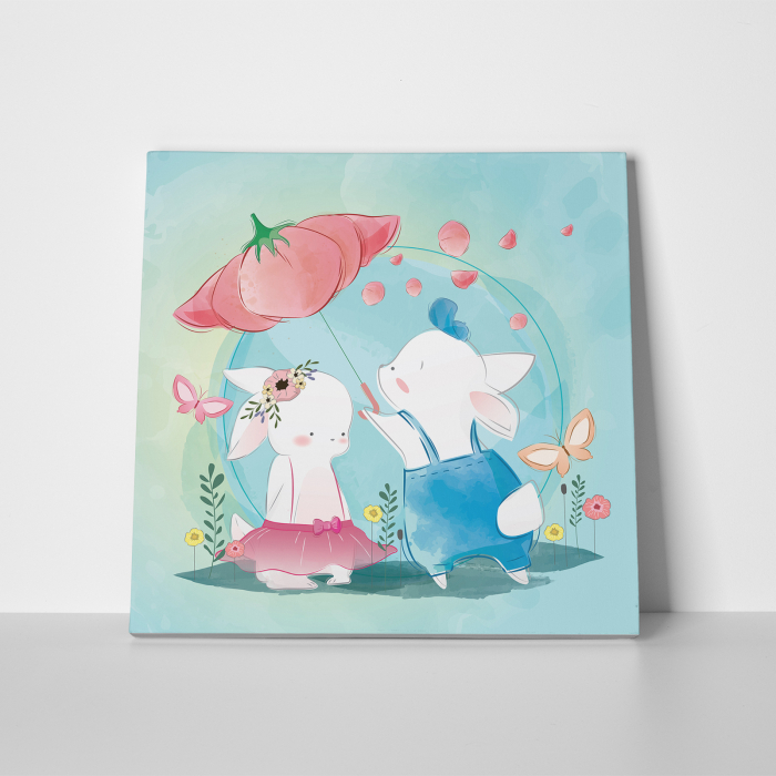 Tablou canvas cu desene pentru camera copiilor, Doi iepurasi sub o umbrela floare [2]