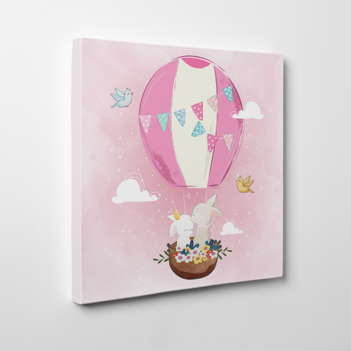 Tablou canvas cu desene pentru camera copiilor, Cuplu de iepurasi in balon cu aer cald [3]