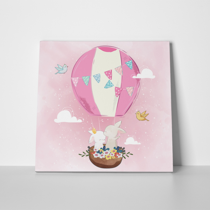 Tablou canvas cu desene pentru camera copiilor, Cuplu de iepurasi in balon cu aer cald [2]
