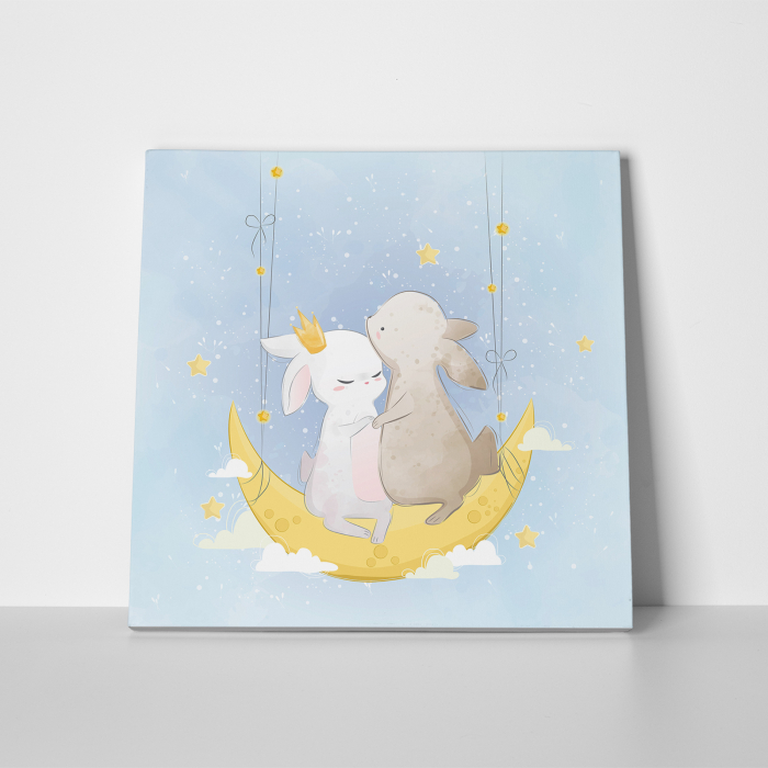 Tablou canvas cu desene pentru camera copiilor, Cuplu de iepurasi pe luna [2]